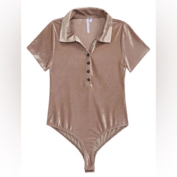 Good Luck Girl Other - Good Luck Girl Kid’s Rib Velour Polo Bodysuit In Mauve NWOT Medium